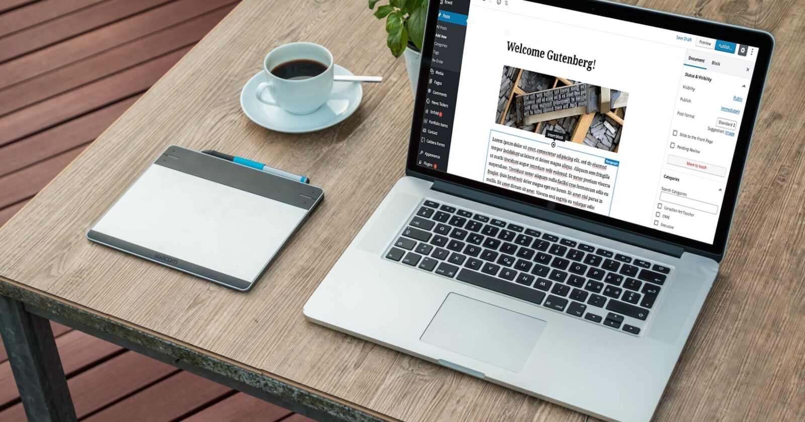 computer on table showing WordPress Gutenberg block editor