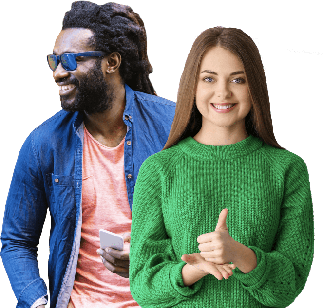 blind man holding phone standing next to deaf woman signing the word help