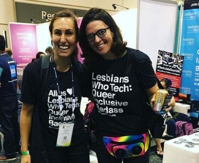 Brianna Boles and Leanne Pittsford wearing lesbians who tech t-shirts