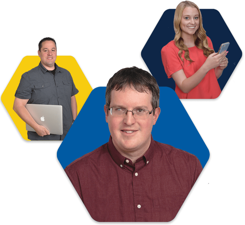 Steve holding a MacBook, Emma holding a smartphone, and Phil smiling in hexagons