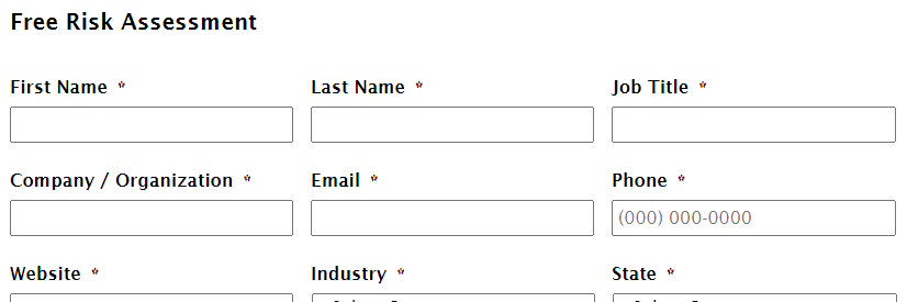 Top of a customer inquiry form showing visible labels above every form field, including first name, last name, job title, company, email, and phone number.