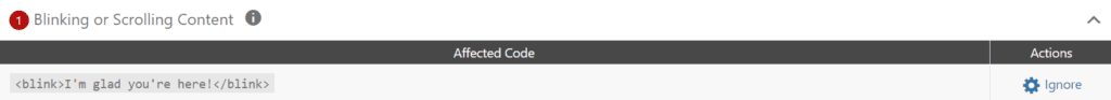 Screenshot of the blinking or scrolling content accessibility error flagged in the WordPress editor by Accessibility Checker