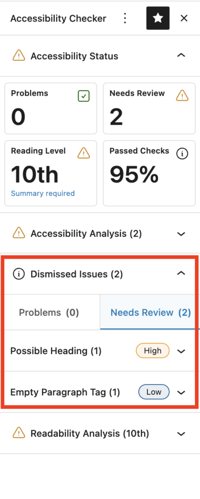 Expanded Dismissed Issues accordion in the Accessibility Checker sidebar showing two dismissed issues, one Possible Heading and one Empty Paragraph Tag.