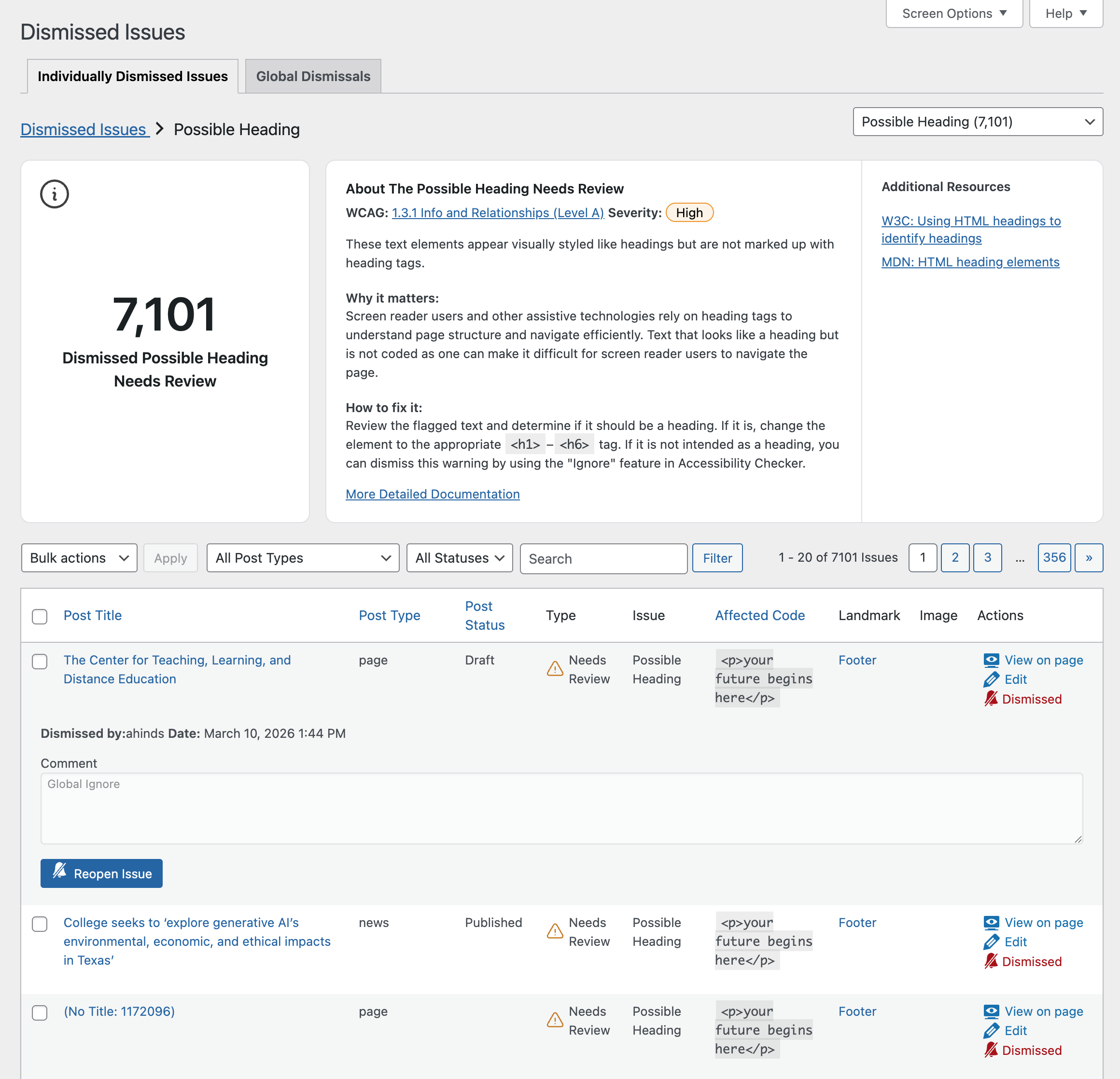 Example of an individual check for the Possible Heading Needs Review check where 7,101 issues have been dismissed. A reopen button is present after the comment field.