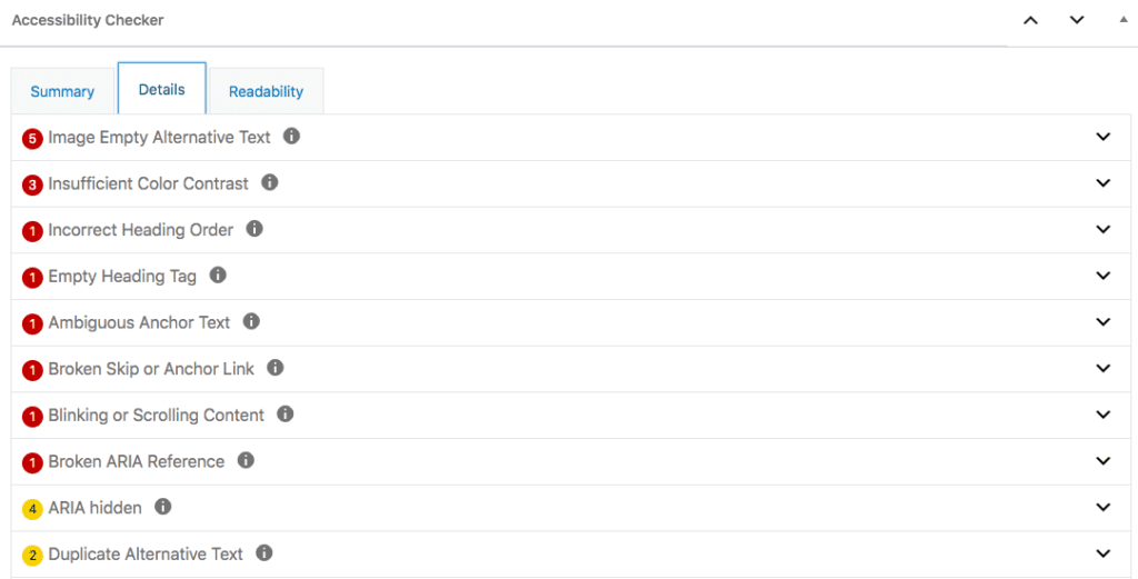accessibility checker details tab with showing errors and warnings present