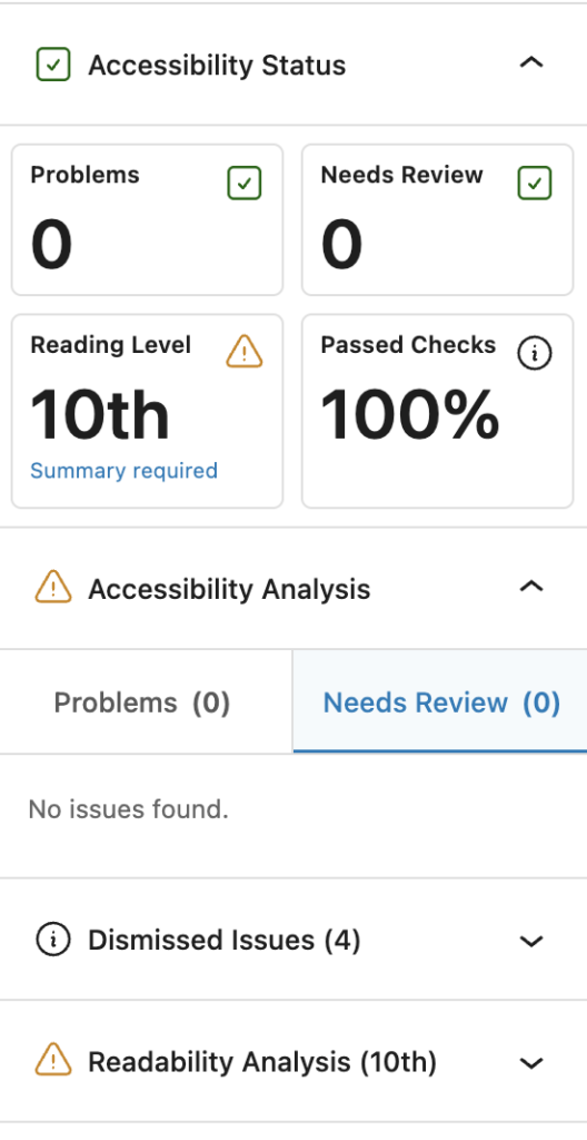 screenshot of an Accessibility Checker individual page report showing 100% passed checks