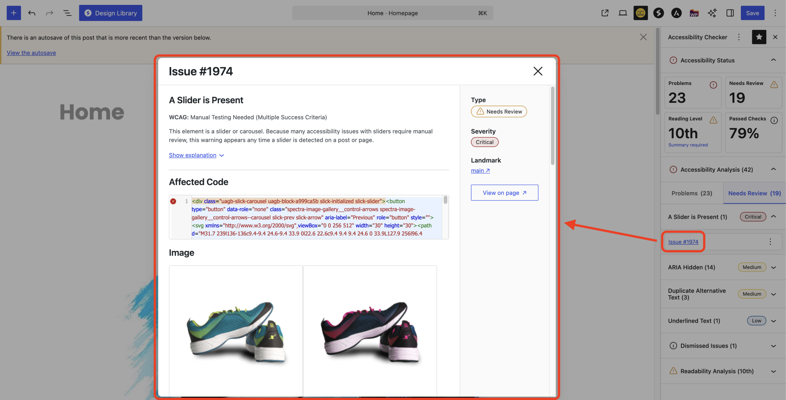 A screenshot of the individual issue modal in accessibility checker showing an issue id number, a description of the incorrect heading order issue including wcag criteria, short description, expandable explanation accordion, affected code, type, severity, landmark, and options to view on page or dismiss the issue. This screenshot is annotated with prominent red boxes and an arrow to indicate that clicking on a specific issue expands the issue modal in the editor.