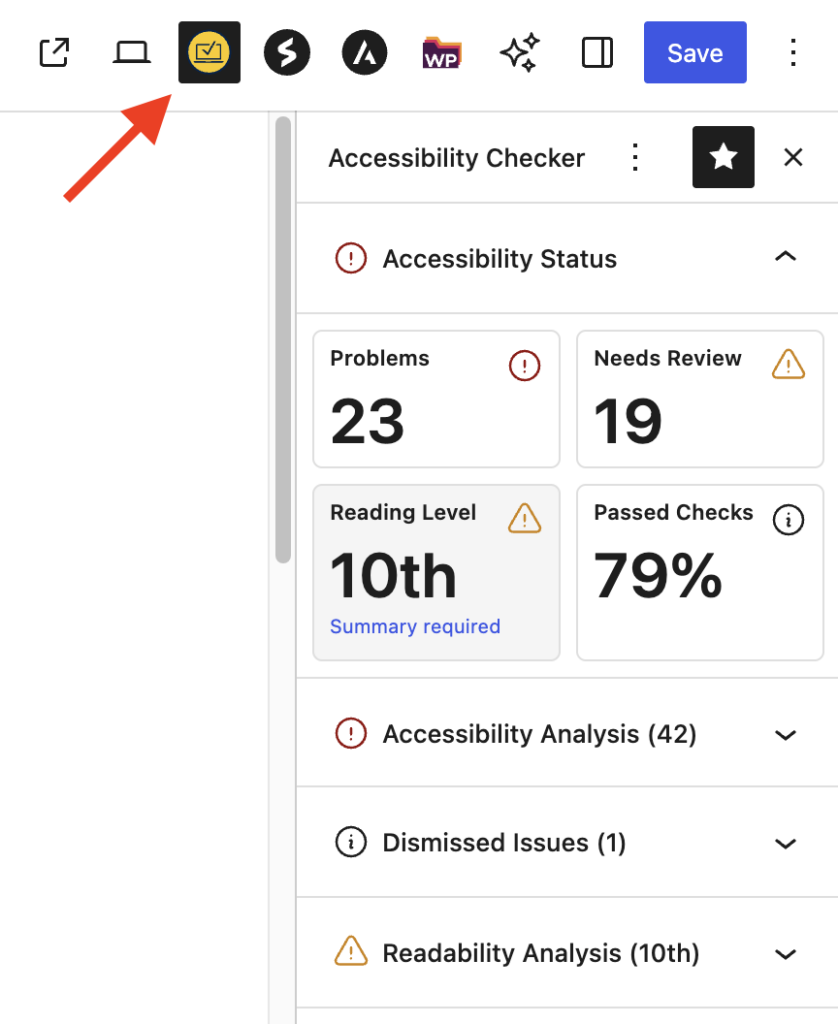 a screenshot of Accessibility Checker's individual page/post sidebar report, showing a percentage of passed tests, problem, contrast, needs review, and a reading level, and expandable options to access details for analysis, dismissed issues, and readability.