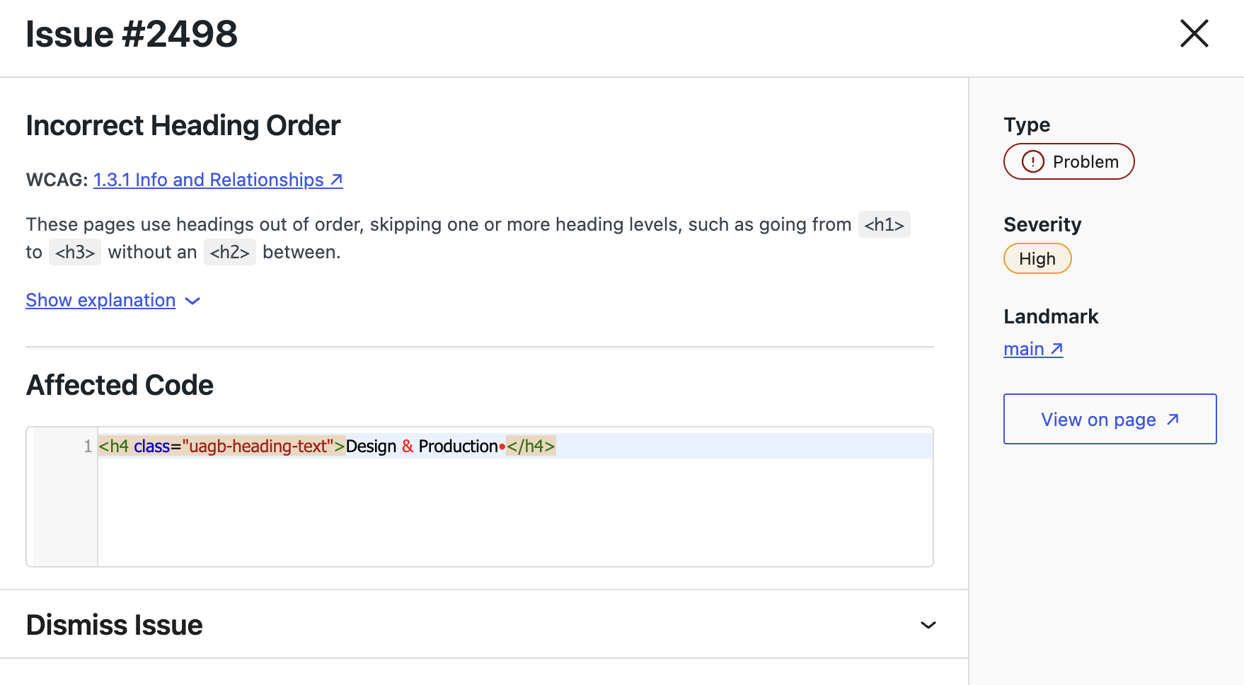 a screenshot of the individual issue modal in accessibility checker showing an issue id number, a description of the incorrect heading order issue including wcag criteria, short description, expandable explanation accordion, affected code, type, severity, landmark, and options to view on page or dismiss the issue.