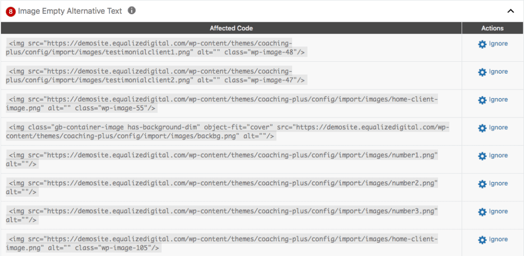 accessibility checker showing images missing alternative text on a page