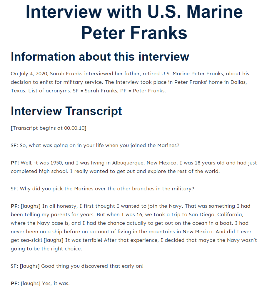 interview transcript with two speakers and formatted headings - exact text in following code block