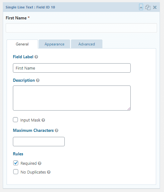 general field settings tab for a single line text field in Gravity Forms, showing where someone can add a field label.