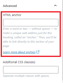 screenshot showing the section where a HTML anchor or ID can be added to a WordPress block