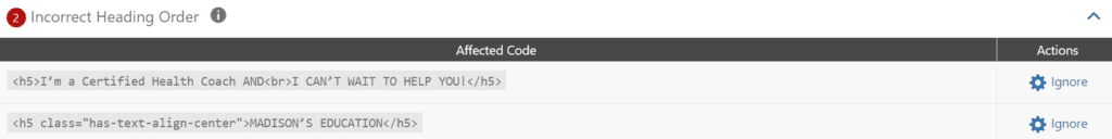 incorrect heading order error in WordPress Accessibility Checker