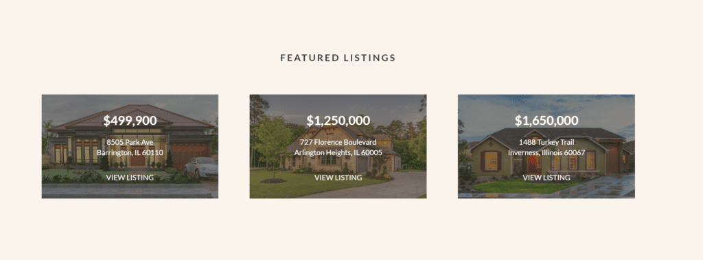 screenshot of a realty website showing three houses for sale