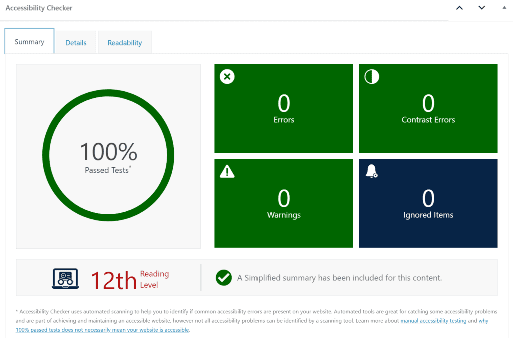 accessibility checker summary tab with no error or warnings and 100% passed tests