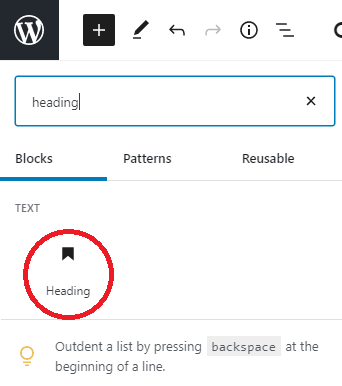 searching for the heading block in WordPress