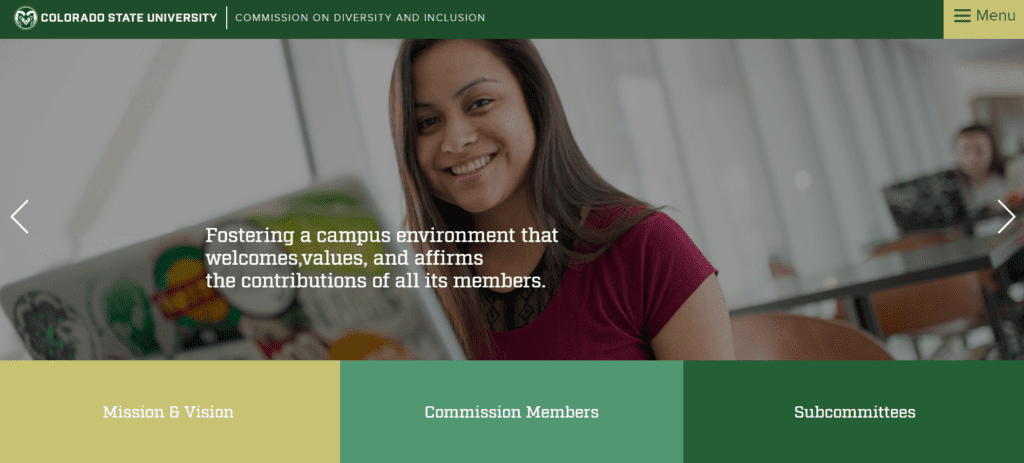 website that shows a large image slider with right and left arrows and a sentence "Fostering a campus environment that
welcomes,values, and affirms
the contributions of all its members."