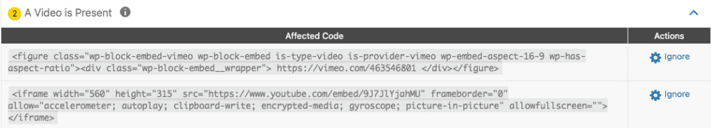 a video is present warning in accessibility checker