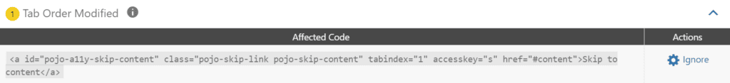 example tab order modified warning in WordPress Accessibility Checker - code shown below