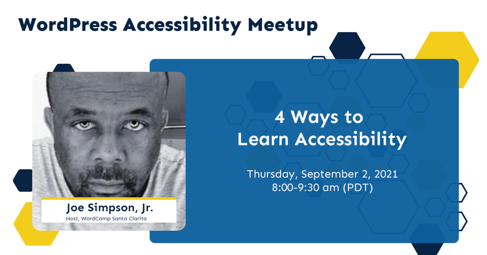 wordpress accessibility meetup thursday, september 2, 2021, Joe Simpson Jr., 4 Ways to Learn Accessibility