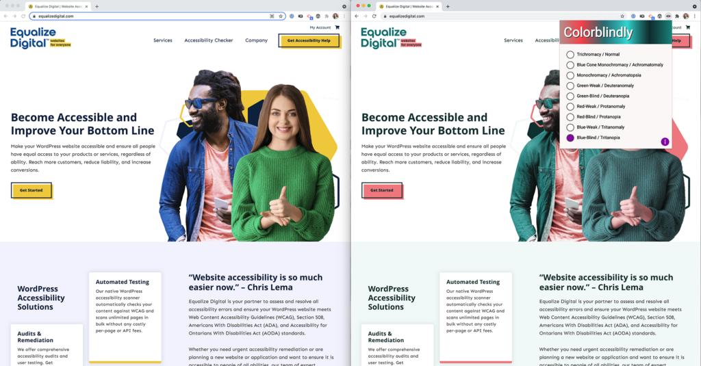 Equalize Digital home page open in two side-by-side windows. The window on the left has the normal full color version of the website and the window on the right shows a simulation of how the website looks to people who cannot see blue.