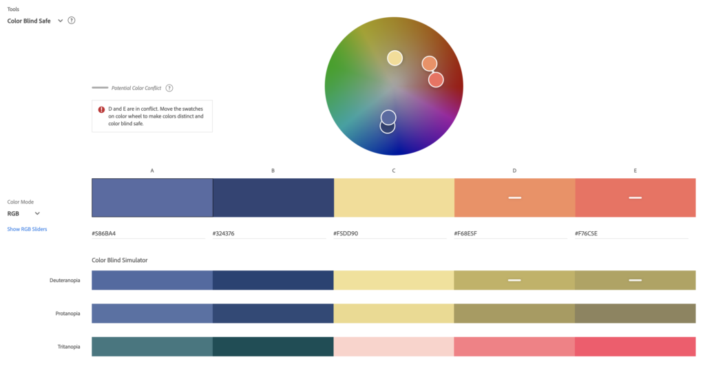 color palette with two blues, on yellow, an orange, and peach color entered into Adobe's accessible color palette. The orange and peach are flagged by Adobe's tool as not being significantly different fro people with deuteranopia. 