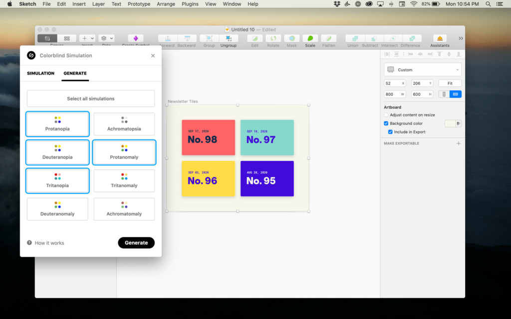 Stark color blind simulator open in the Sketch web design app on a Mac.