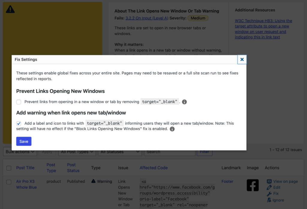 Fix settings modal showing options for different automated fixes related to links opening in a new window or tab, including preventing links from opening in a new window or tab, or adding a warning to links opening in a new window or tab.
