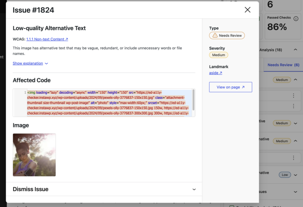 Expanded issues for images low quality alternative text with guidance, specific WCAG criteria, affected code, image, and a dismiss issue accordion.