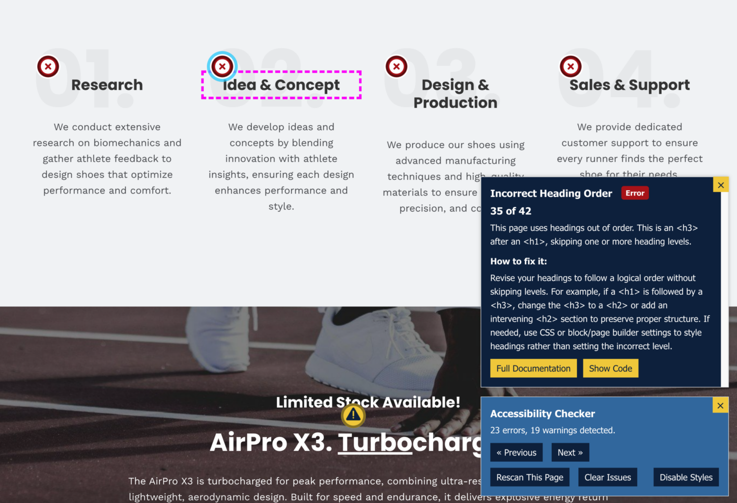 eCommerce website showing a heading with a dashed pink box around it and a modal explaining the issue and how to fix it.
