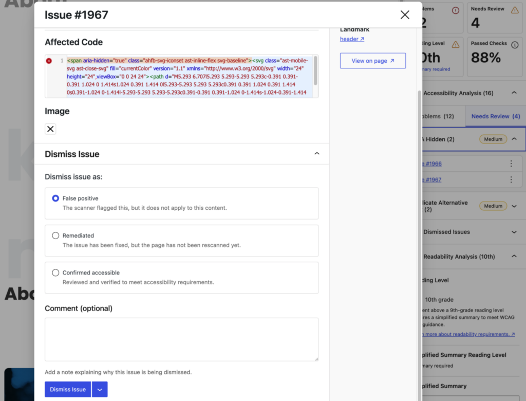 Dismiss accessibility issue dialog with options for a dismissal reason and an open comments field.