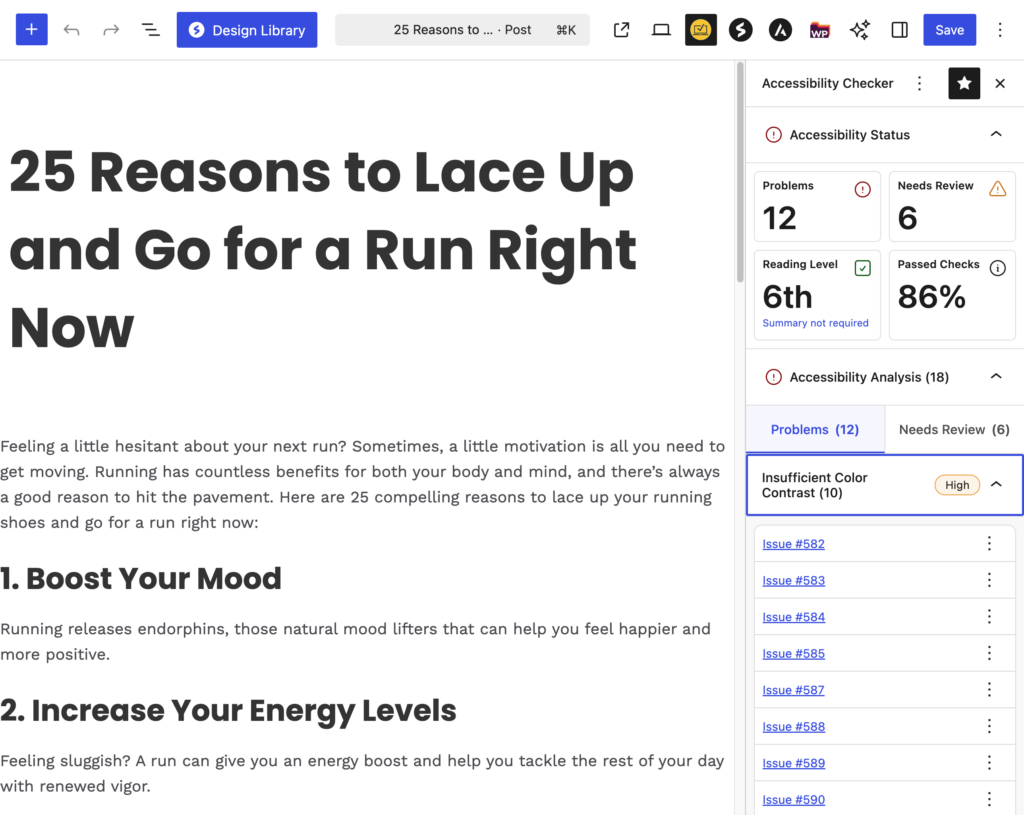 Individual page sidebar report shows a percentage gauge, and count of problems, items needing review, and passed checks with ability to drill down into individual checks and issues.