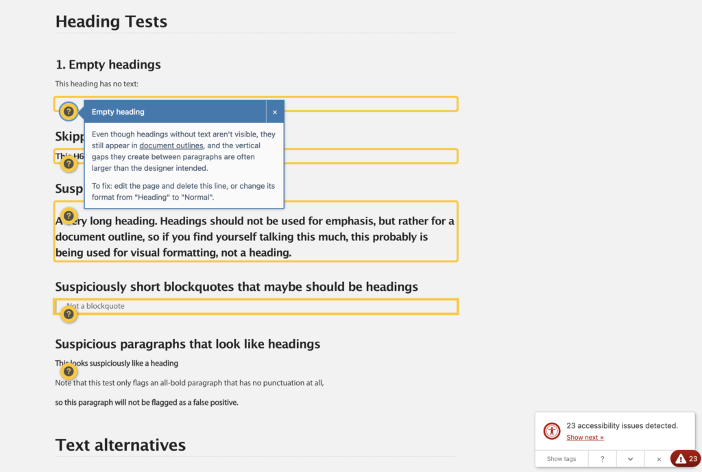 Drupal website with Editora11y testing tool open flagging accessibility problems on the front end.
