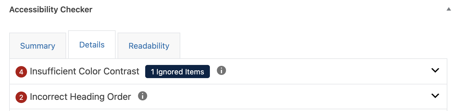 Accessibility Checker post edit screen details tab illustrating the new way of displaying the count of ignored items, as explained in the prior paragraph.