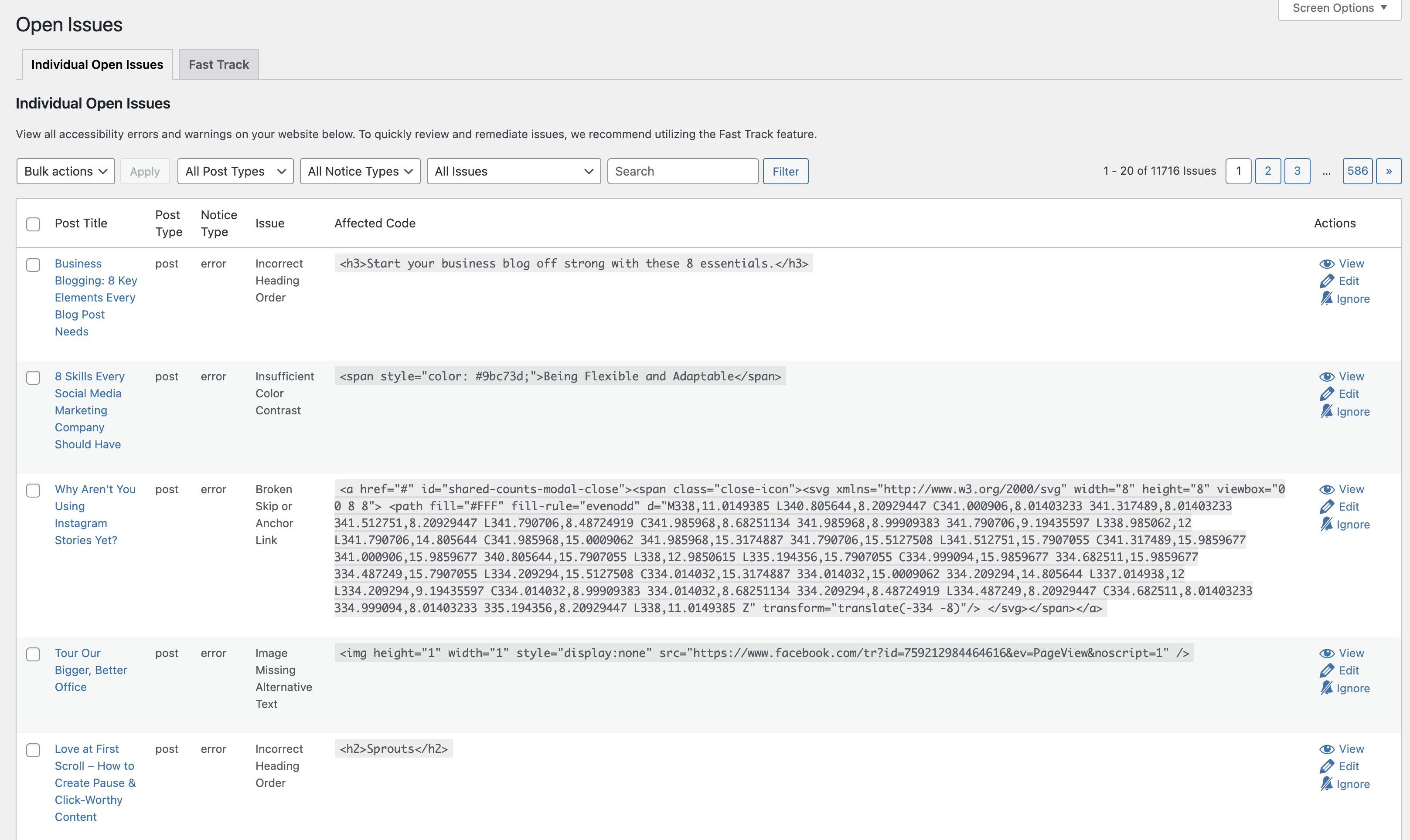 Table of open issues with these headings: Post Title, Post Type, Notice Type, Affected Code, Actions. There are dropdown filters for post type, notice type, issue, and a keyword search box. The table shows 1-20 of 11,716 issues.