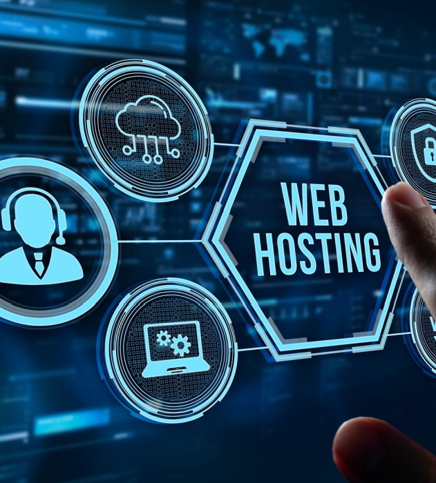 server or blurred technical background with the words web hosting and an icon of a support rep overlayed.
