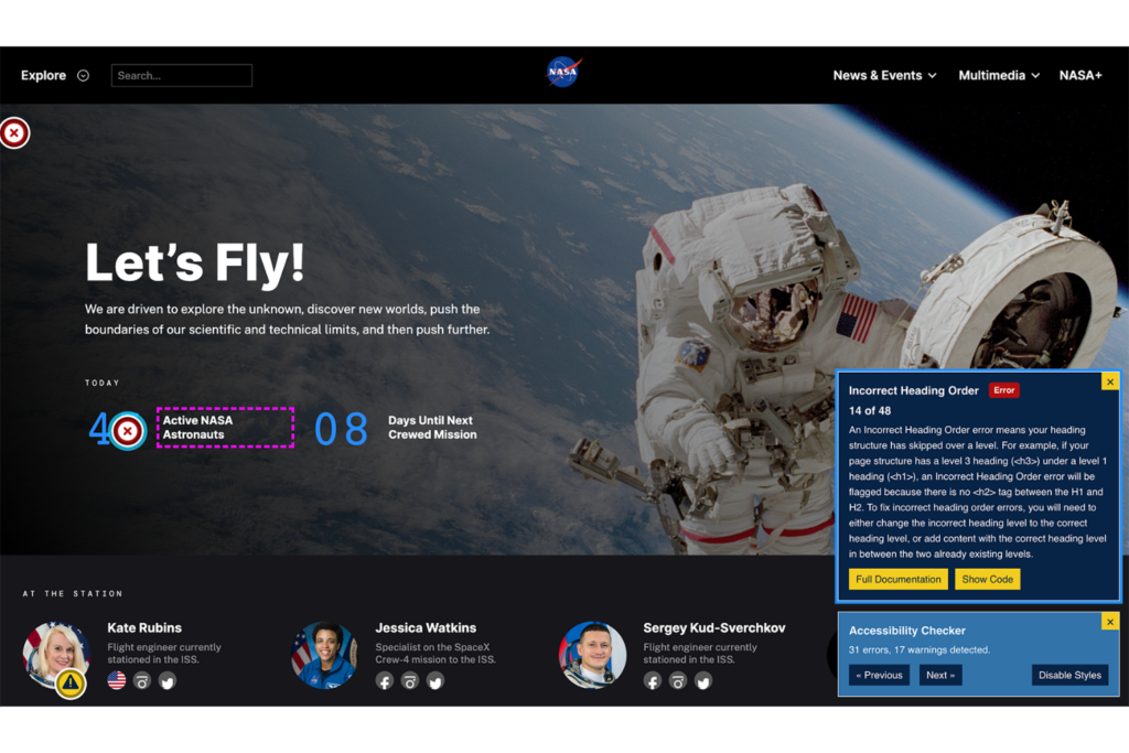 NASA website showing a heading with a dashed pink box around it and a modal explaining the issue.