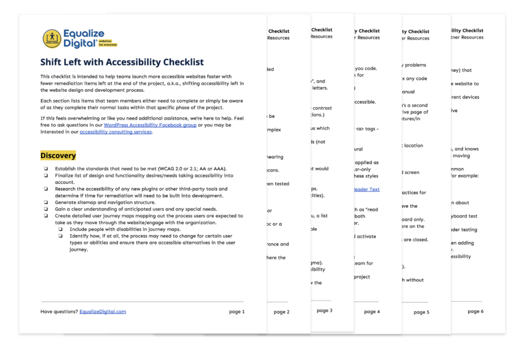 Shift Left with Accessibility Checklist is a 6-page Google doc.