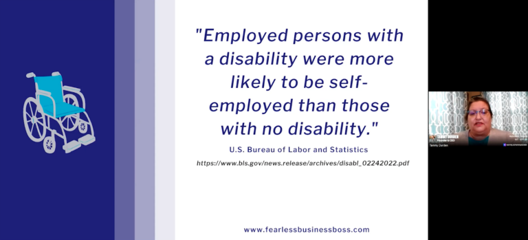 Tammy Durden, a woman with short blonde hair wearing a beige blazer, presenting a slide with the text "Employed persons with a disability were more likely to be self-employed that those with no disability." U.S. Bureau of Labor and Statistics. smiles and looks off to the side against a plain white background.
