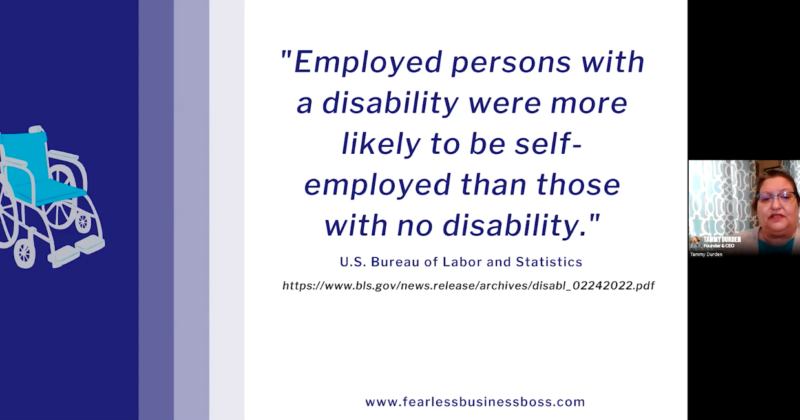 Tammy Durden, a woman with short blonde hair wearing a beige blazer, presenting a slide with the text "Employed persons with a disability were more likely to be self-employed that those with no disability." U.S. Bureau of Labor and Statistics. smiles and looks off to the side against a plain white background.