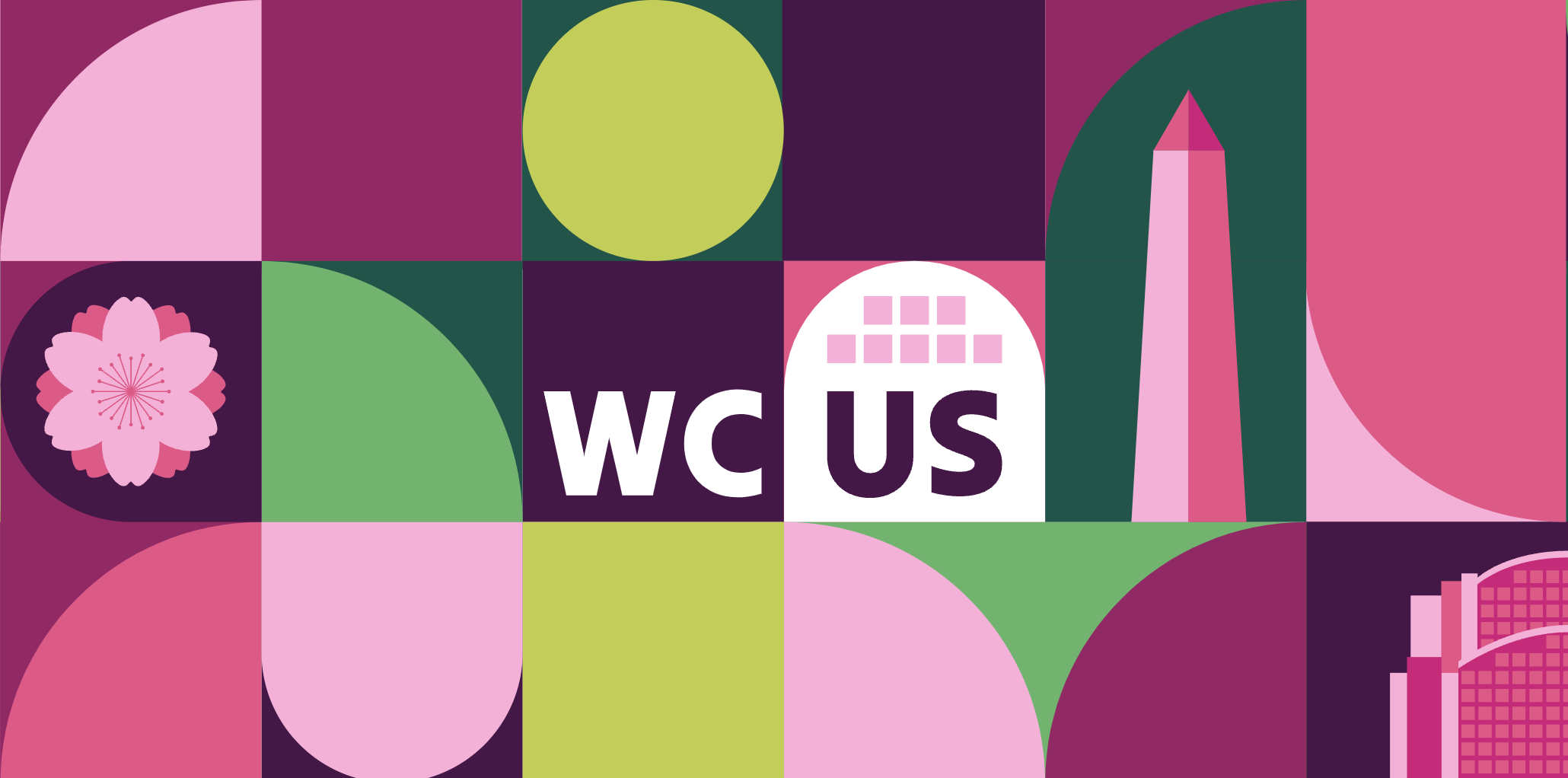 The 2023 WordCamp US logo in a collage of decorative shapes and colors.