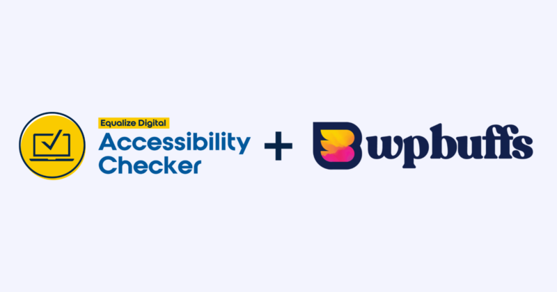equalize digital accessibility checker logo and wp buffs logo displayed together on a neutral background, with a plus symbol in between them