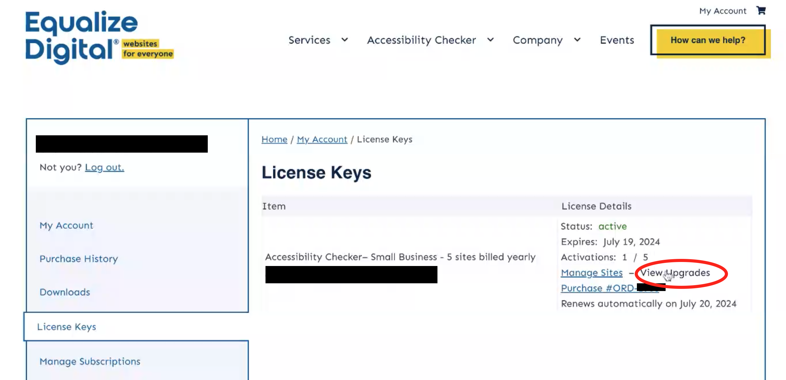 The view upgrades link is found in the License Keys table in the License Details column.