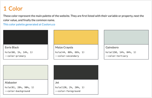 A screenshot of the brand colors page. Features a grid layout showcasing each color with its respective description, color code, and property name. The colors mentioned include 'Eerie black' (a dark black), 'Maize Crayola' (a medium yellow), 'Gainesboro' (a light gray), 'Alabaster' (an ivory white), and 'Jet' (a dark gray).