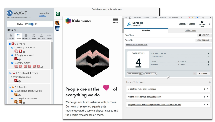 Screenshot of the WAVE tool dashboard detailing errors found. On top, a slide of Kalamuna with an overview of total issues found.
