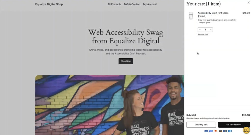Screenshot of website shot with a slide on the right side displaying a mini cart.