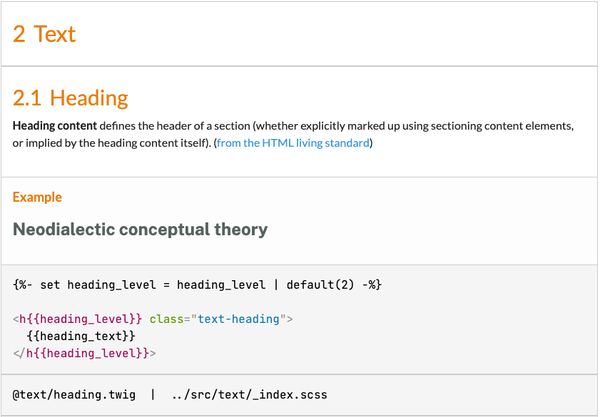 Screenshot of heading on the style guide with a heading named Text and a subheading named Heading. Includes an example section illustrating how that heading would display on the website and the Twig code below.