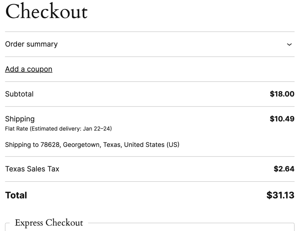 Screenshot of zoomed checkout page