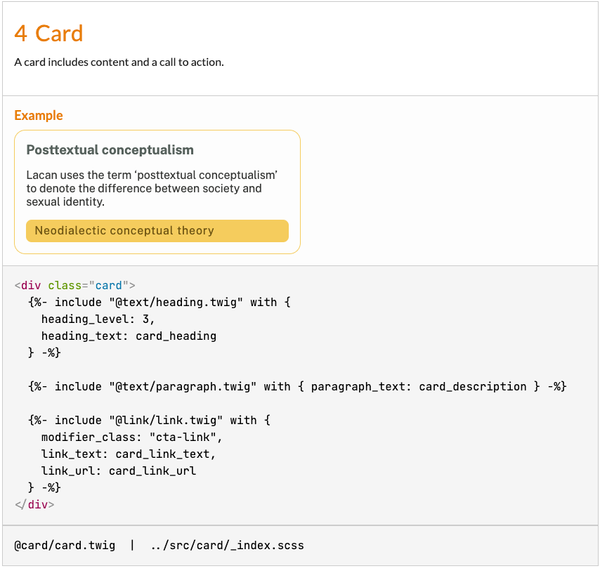 A screenshot for the card. It has a heading of card, an example section illustrating how the card would display on the website, and then a sample of the Twig code below that.